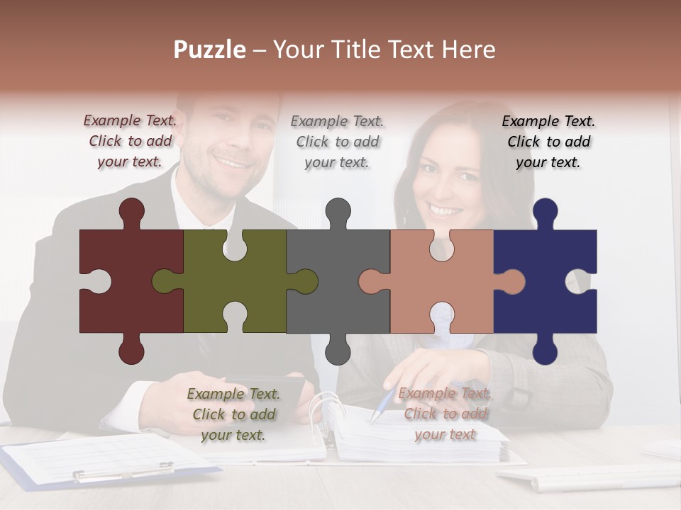 A Man And A Woman Sitting At A Desk PowerPoint Template