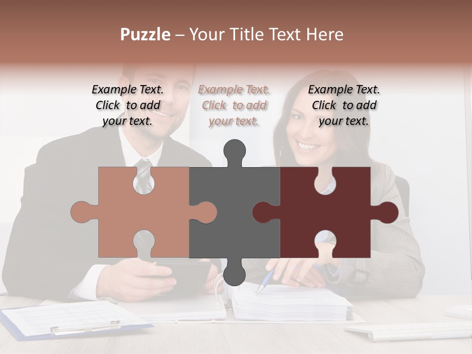 A Man And A Woman Sitting At A Desk PowerPoint Template