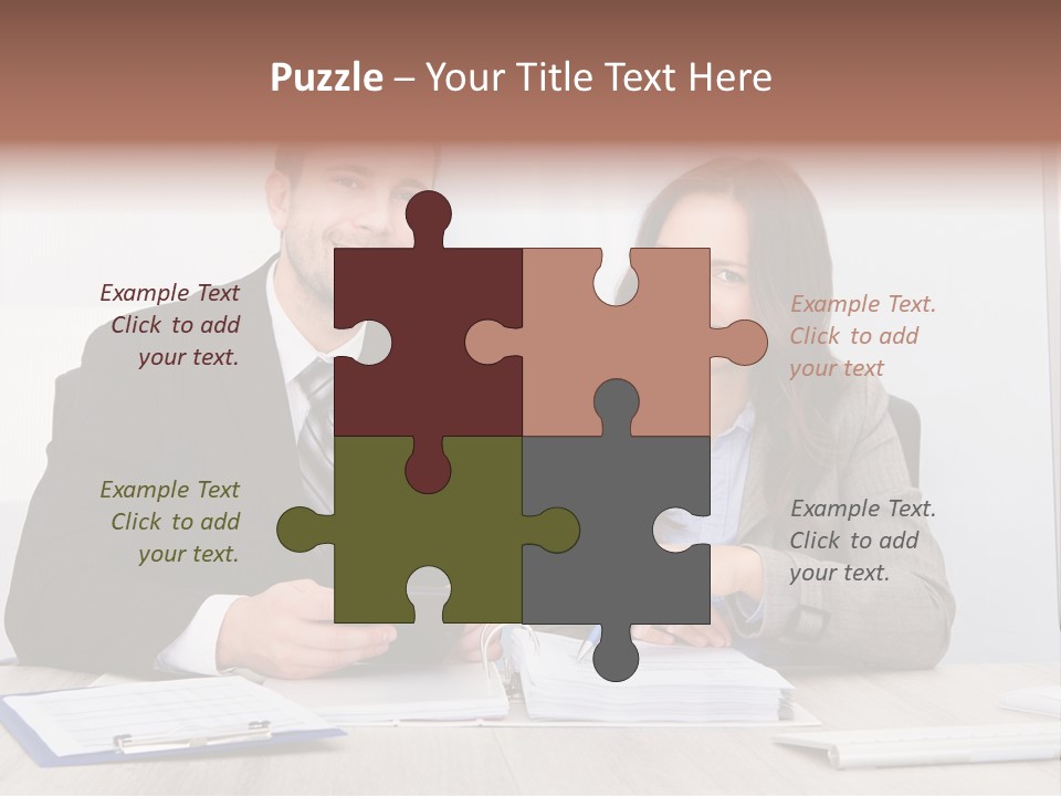 A Man And A Woman Sitting At A Desk PowerPoint Template