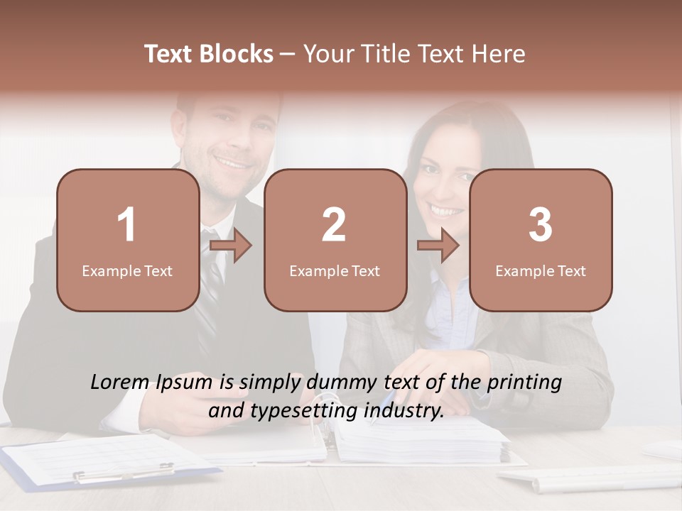 A Man And A Woman Sitting At A Desk PowerPoint Template