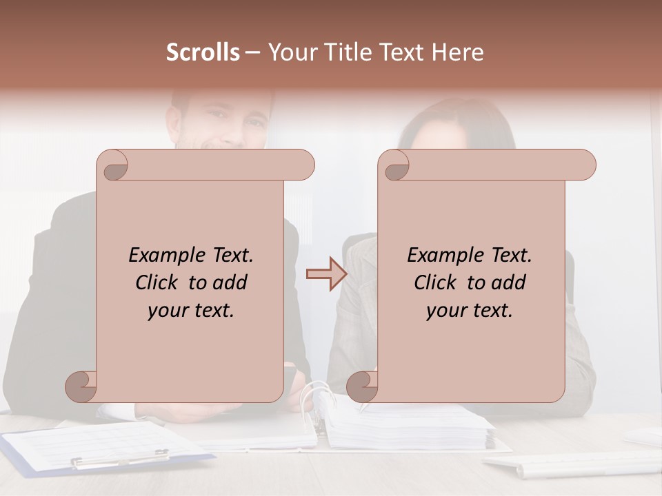 A Man And A Woman Sitting At A Desk PowerPoint Template