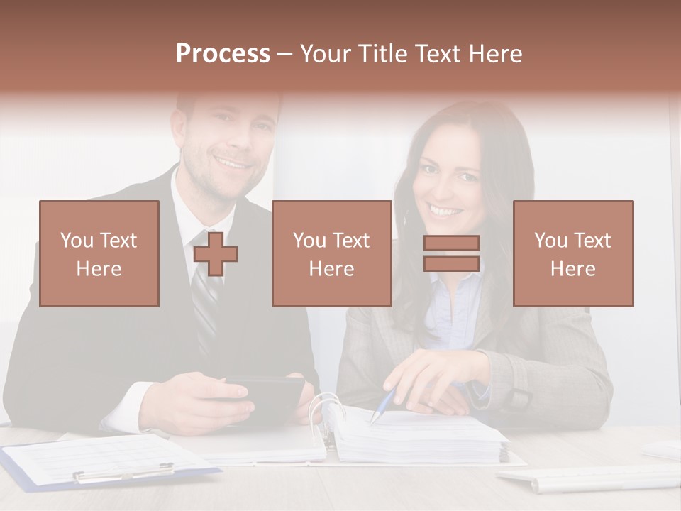 A Man And A Woman Sitting At A Desk PowerPoint Template
