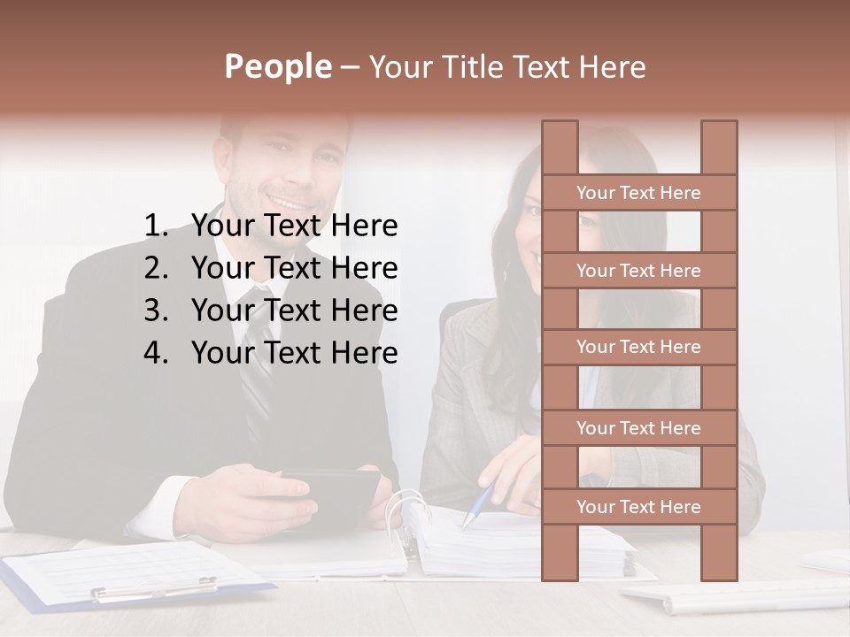 A Man And A Woman Sitting At A Desk PowerPoint Template
