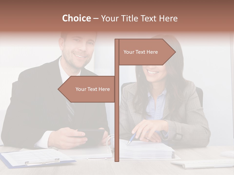 A Man And A Woman Sitting At A Desk PowerPoint Template