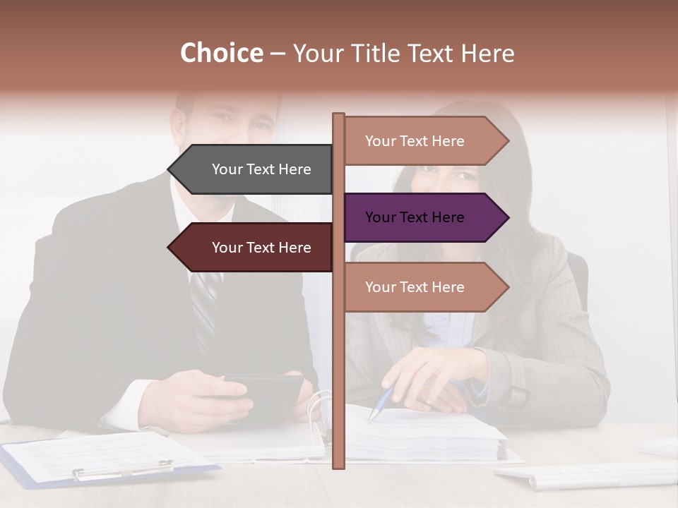 A Man And A Woman Sitting At A Desk PowerPoint Template