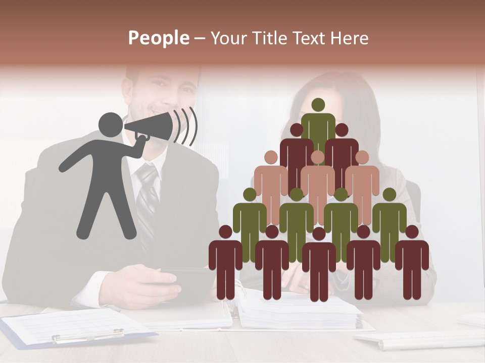 A Man And A Woman Sitting At A Desk PowerPoint Template