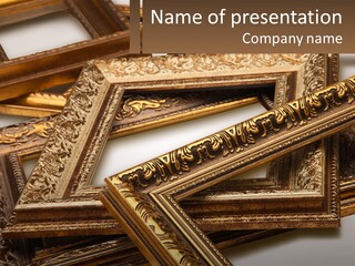 A Group Of Gold Framed Pictures On A White Surface PowerPoint Template
