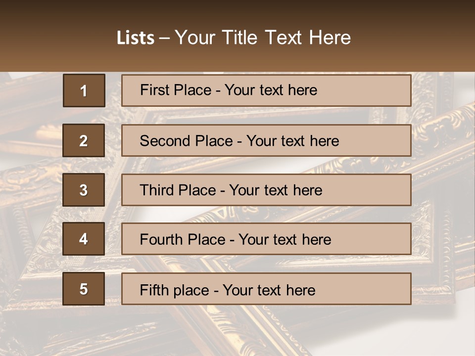 A Group Of Gold Framed Pictures On A White Surface PowerPoint Template