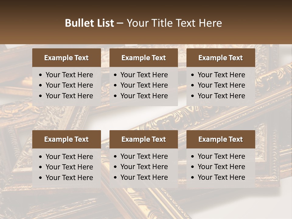 A Group Of Gold Framed Pictures On A White Surface PowerPoint Template