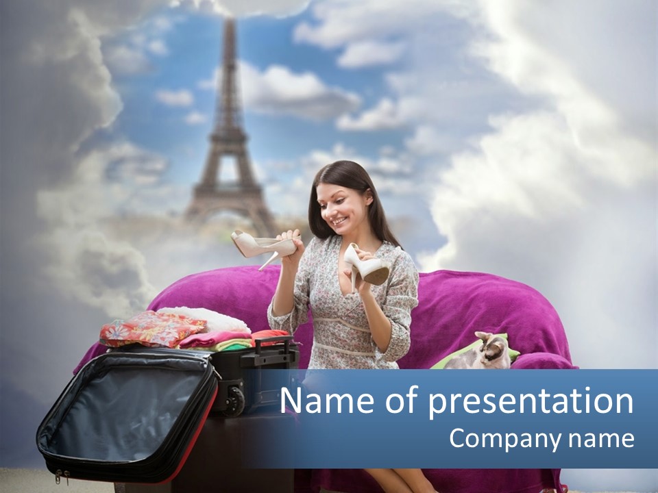 A Woman Sitting On A Couch With A Suitcase In Front Of The Eiffel PowerPoint Template