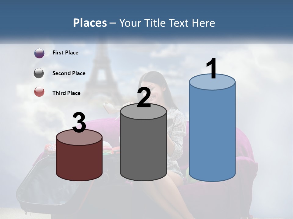 A Woman Sitting On A Couch With A Suitcase In Front Of The Eiffel PowerPoint Template