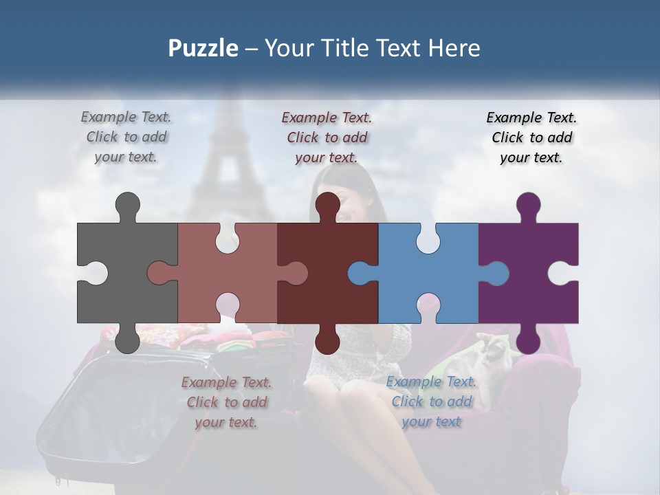 A Woman Sitting On A Couch With A Suitcase In Front Of The Eiffel PowerPoint Template