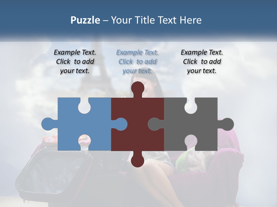 A Woman Sitting On A Couch With A Suitcase In Front Of The Eiffel PowerPoint Template