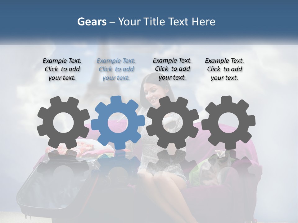 A Woman Sitting On A Couch With A Suitcase In Front Of The Eiffel PowerPoint Template