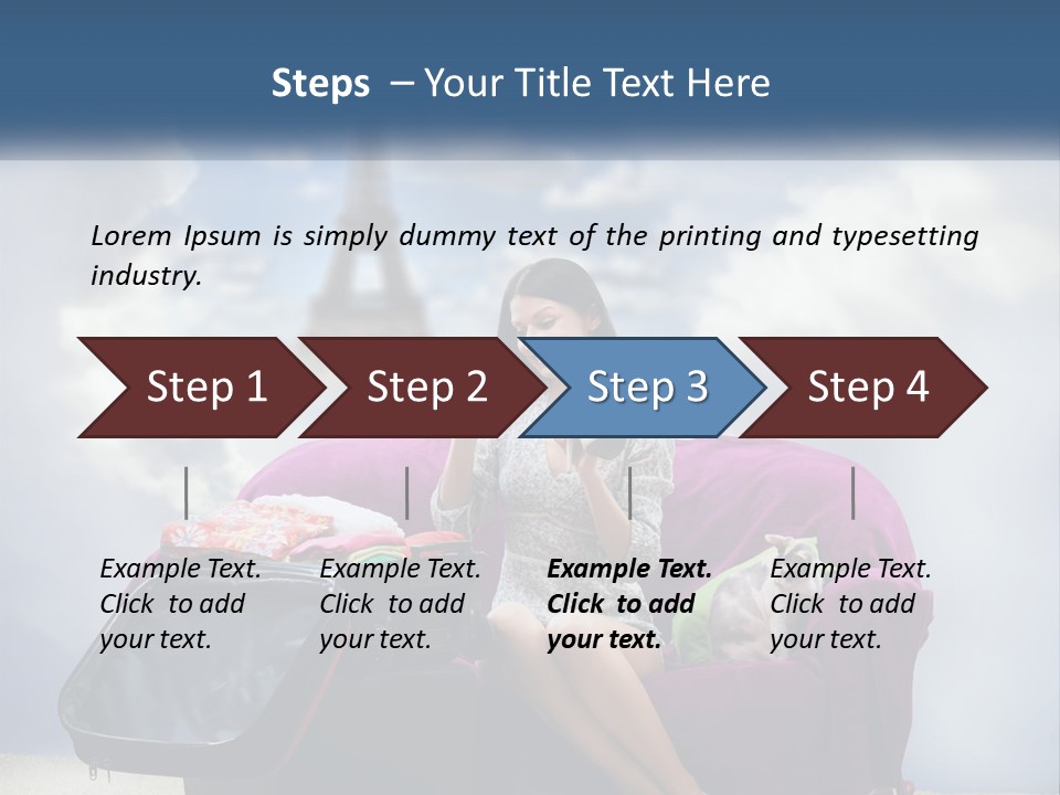A Woman Sitting On A Couch With A Suitcase In Front Of The Eiffel PowerPoint Template