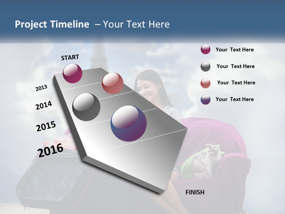 A Woman Sitting On A Couch With A Suitcase In Front Of The Eiffel PowerPoint Template