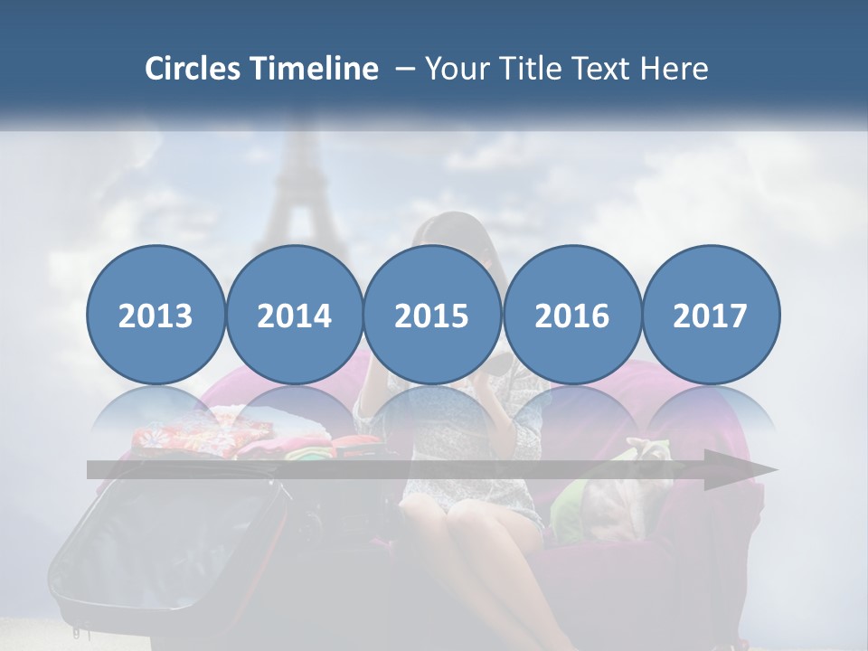 A Woman Sitting On A Couch With A Suitcase In Front Of The Eiffel PowerPoint Template