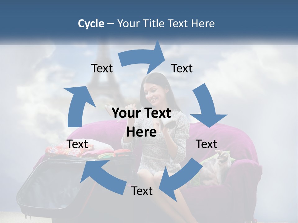 A Woman Sitting On A Couch With A Suitcase In Front Of The Eiffel PowerPoint Template