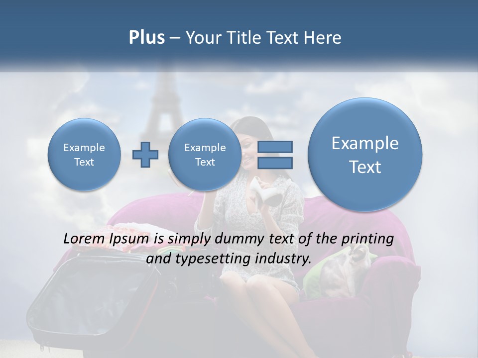 A Woman Sitting On A Couch With A Suitcase In Front Of The Eiffel PowerPoint Template