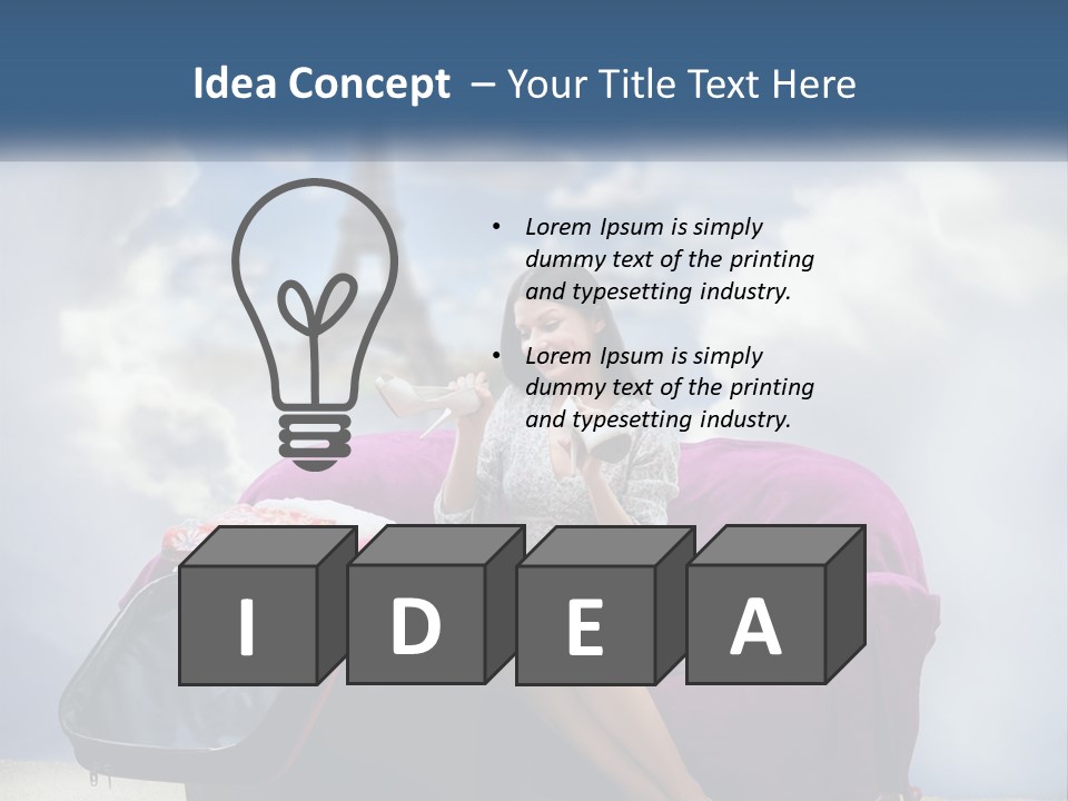 A Woman Sitting On A Couch With A Suitcase In Front Of The Eiffel PowerPoint Template