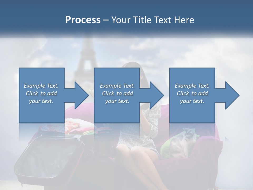 A Woman Sitting On A Couch With A Suitcase In Front Of The Eiffel PowerPoint Template