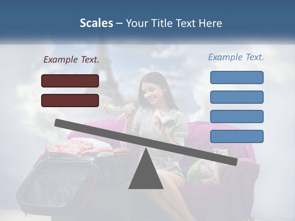 A Woman Sitting On A Couch With A Suitcase In Front Of The Eiffel PowerPoint Template