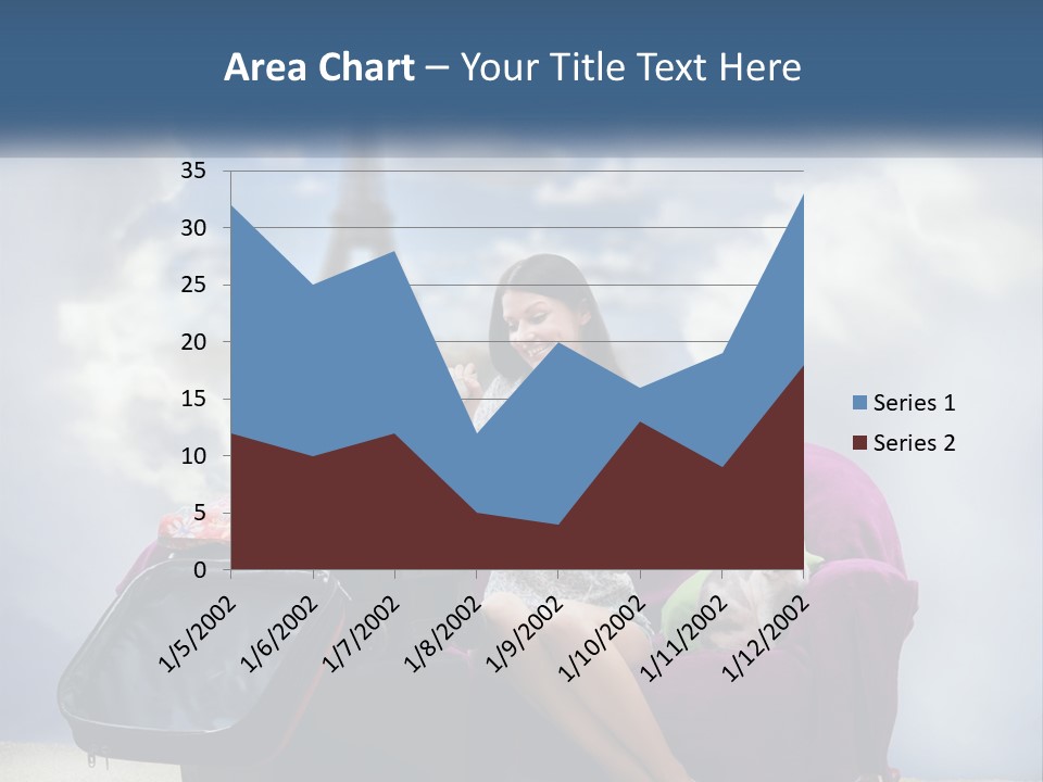 A Woman Sitting On A Couch With A Suitcase In Front Of The Eiffel PowerPoint Template
