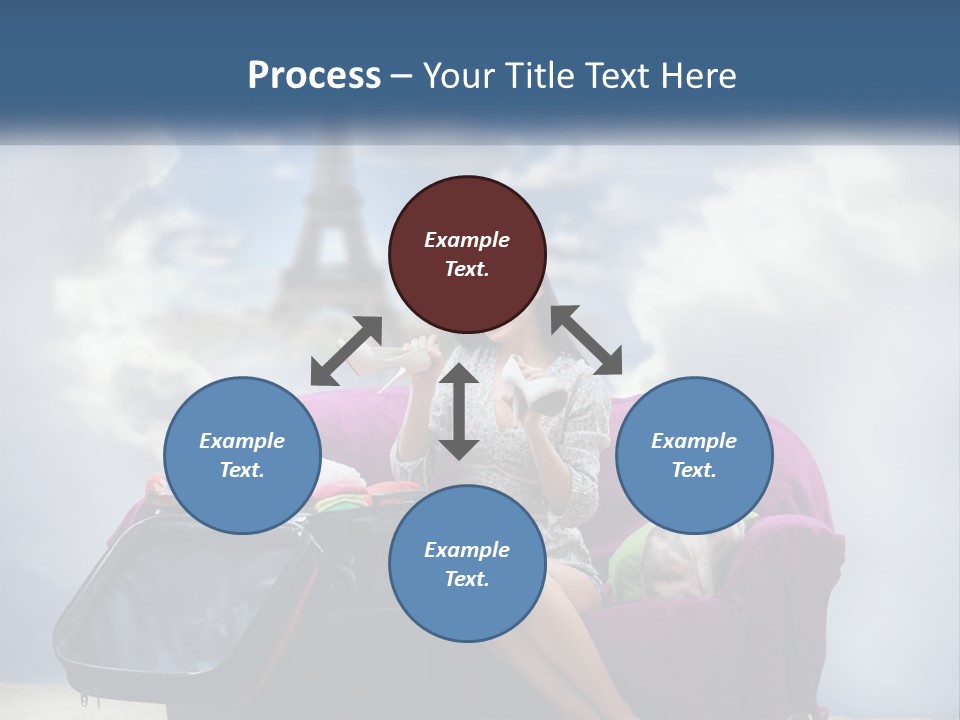 A Woman Sitting On A Couch With A Suitcase In Front Of The Eiffel PowerPoint Template