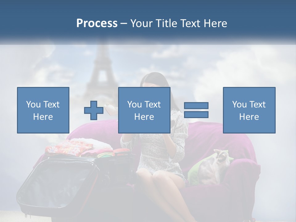 A Woman Sitting On A Couch With A Suitcase In Front Of The Eiffel PowerPoint Template