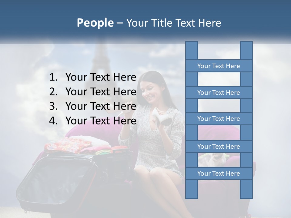 A Woman Sitting On A Couch With A Suitcase In Front Of The Eiffel PowerPoint Template