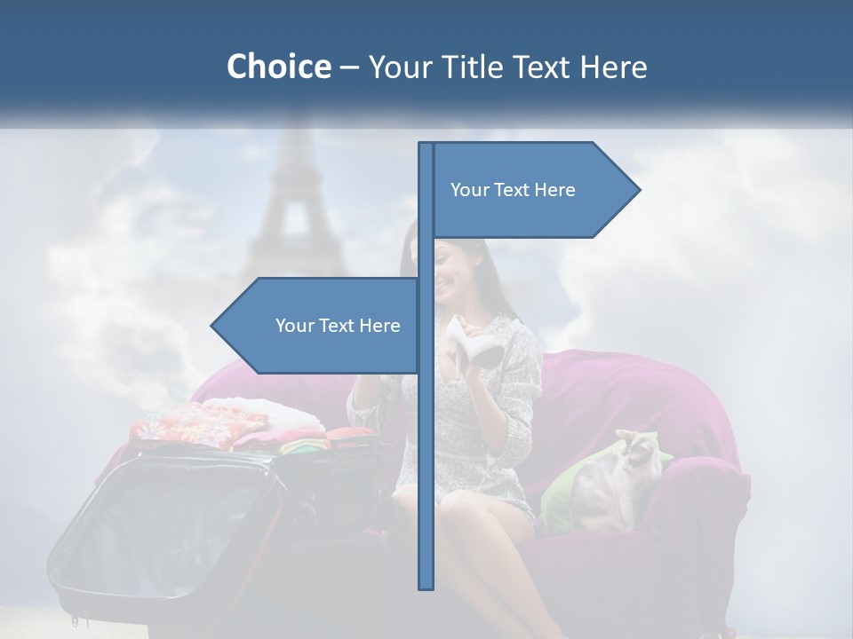 A Woman Sitting On A Couch With A Suitcase In Front Of The Eiffel PowerPoint Template