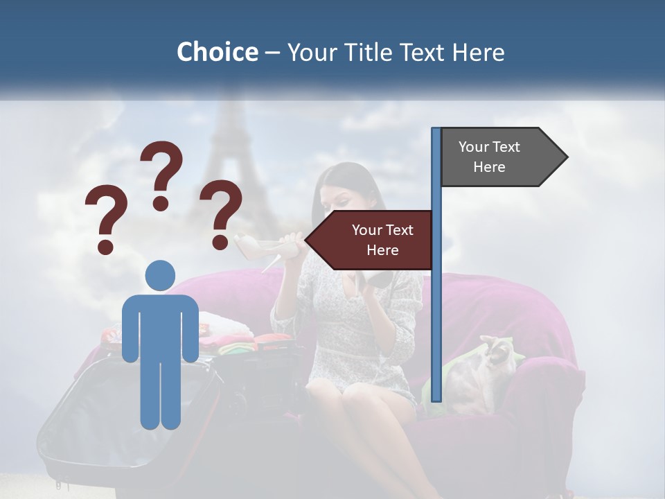 A Woman Sitting On A Couch With A Suitcase In Front Of The Eiffel PowerPoint Template