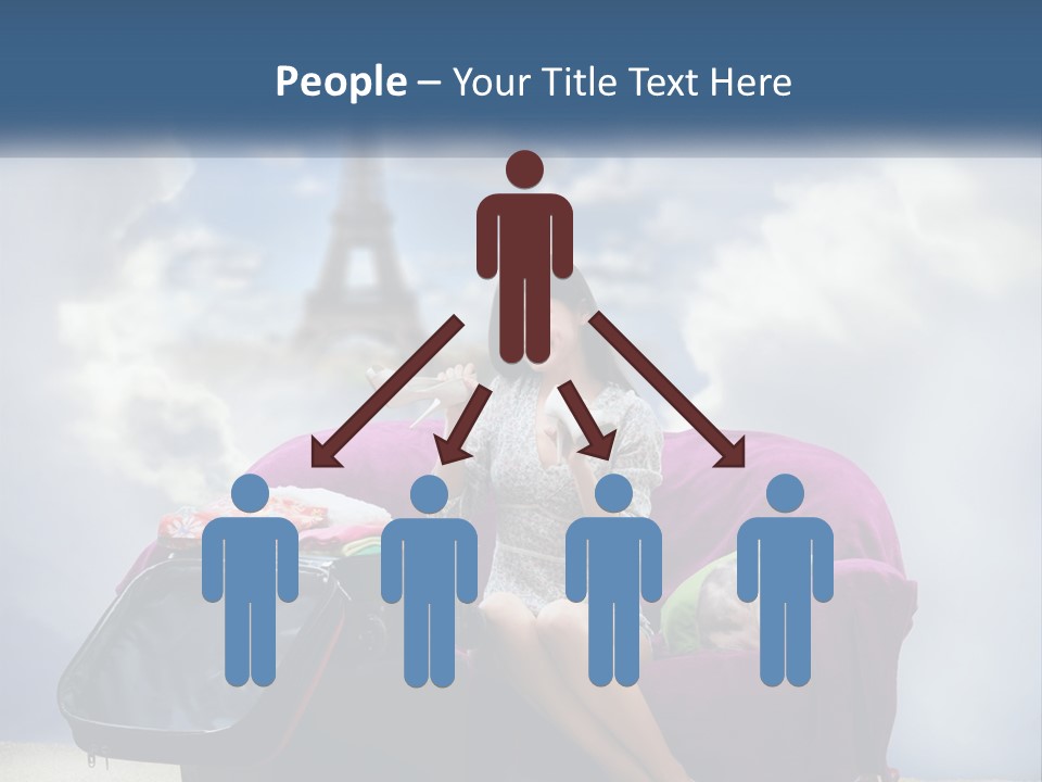 A Woman Sitting On A Couch With A Suitcase In Front Of The Eiffel PowerPoint Template