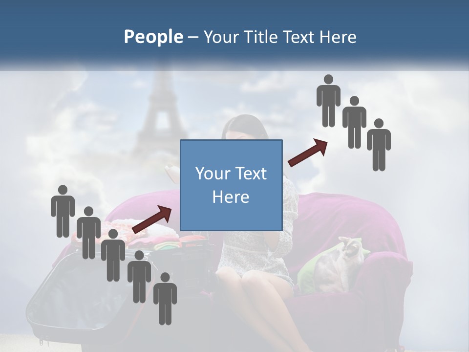 A Woman Sitting On A Couch With A Suitcase In Front Of The Eiffel PowerPoint Template