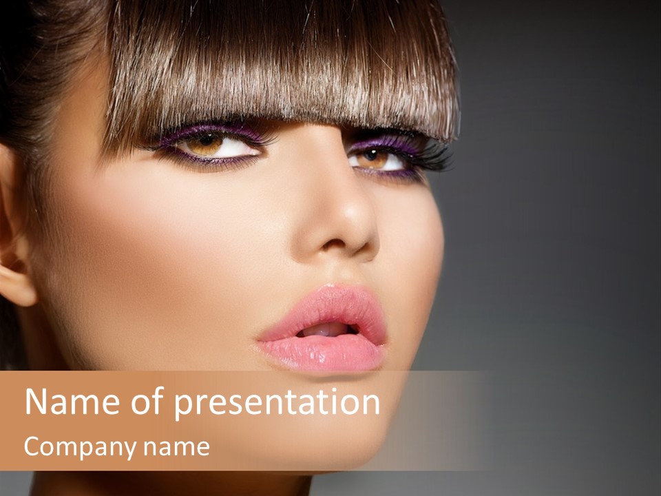 A Woman's Face With A Short Hair And Purple Makeup PowerPoint Template