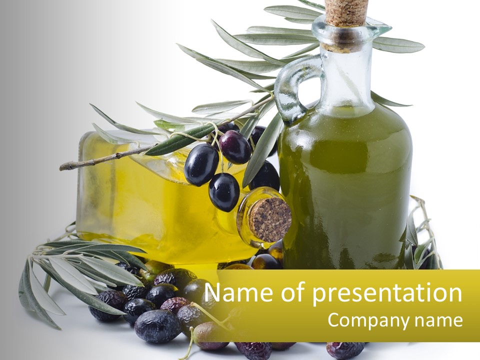 A Bottle Of Olive Oil Next To A Bunch Of Olives PowerPoint Template