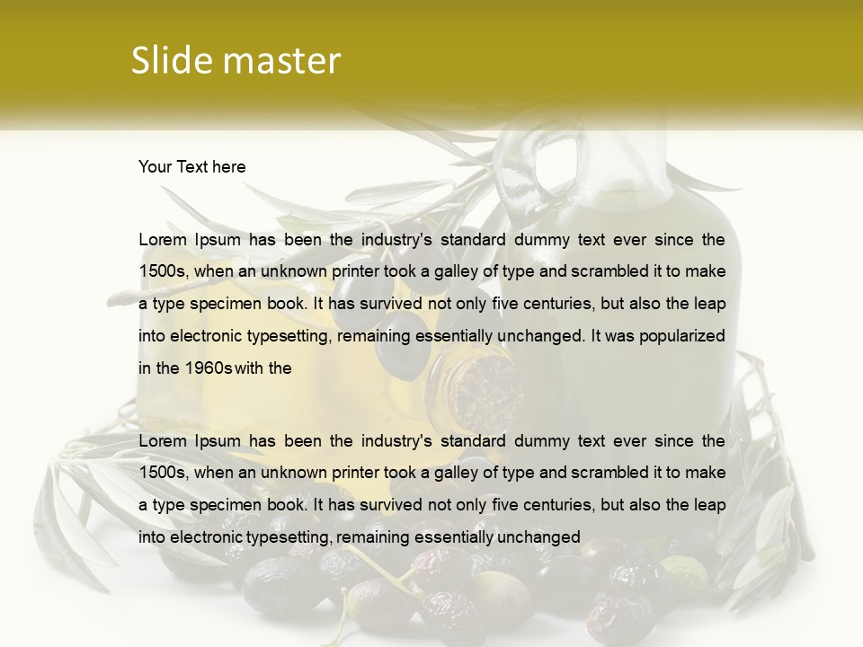 A Bottle Of Olive Oil Next To A Bunch Of Olives PowerPoint Template