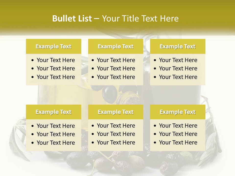 A Bottle Of Olive Oil Next To A Bunch Of Olives PowerPoint Template