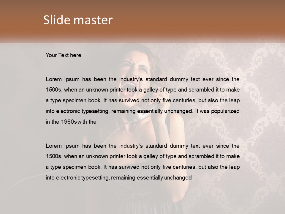 A Woman Talking On A Telephone With Her Mouth Open PowerPoint Template