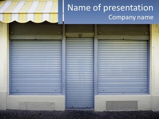 A Blue Garage Door With A Yellow Awning PowerPoint Template