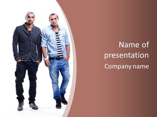 Two Men Standing Next To Each Other In Front Of A White Background PowerPoint Template