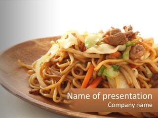 A Plate Of Noodles With Meat And Vegetables On It PowerPoint Template