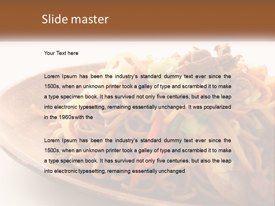 A Plate Of Noodles With Meat And Vegetables On It PowerPoint Template