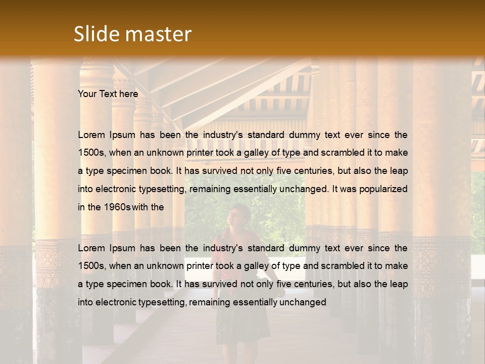 A Woman Walking Down A Walkway In A Building PowerPoint Template