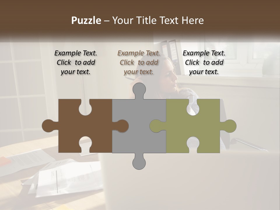 A Woman Sitting At A Desk In Front Of A Laptop Computer PowerPoint Template