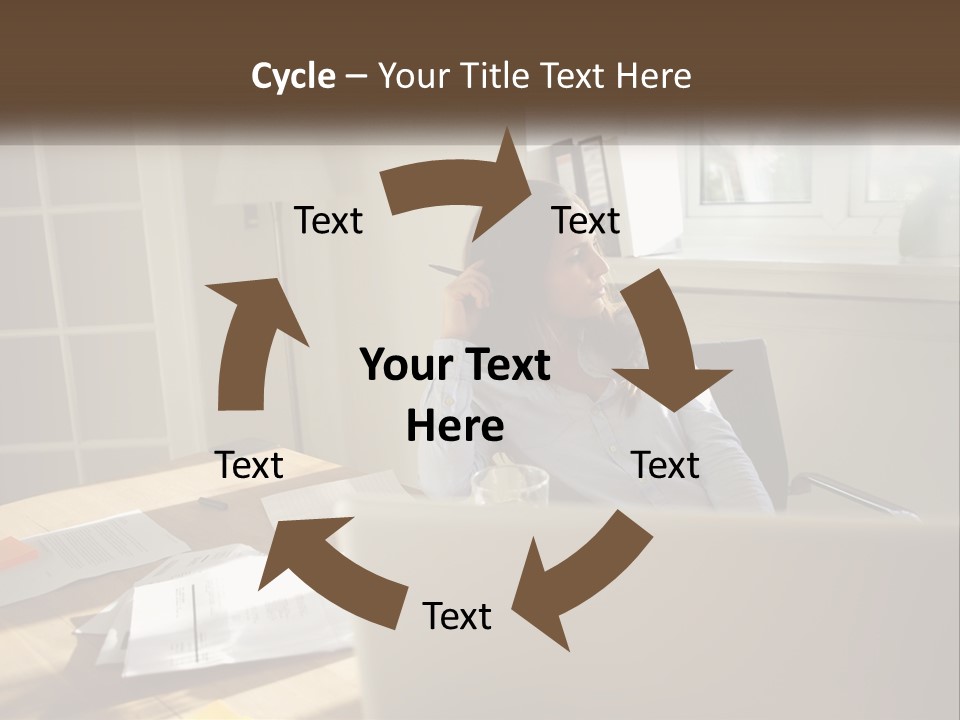 A Woman Sitting At A Desk In Front Of A Laptop Computer PowerPoint Template