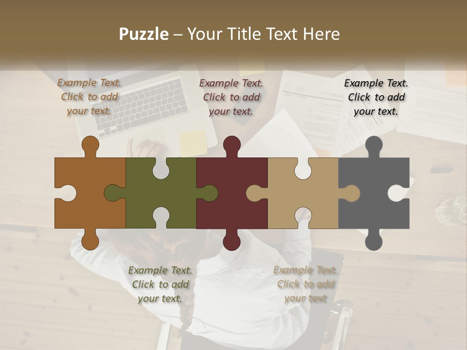 A Woman Sitting At A Table With A Laptop And Papers PowerPoint Template