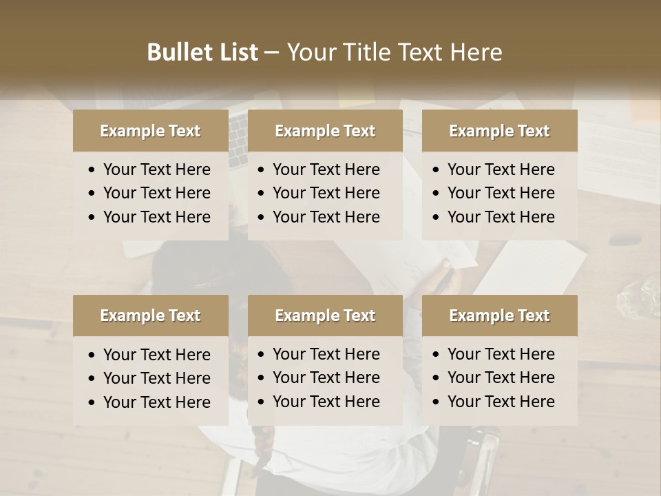 A Woman Sitting At A Table With A Laptop And Papers PowerPoint Template