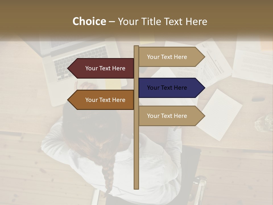 A Woman Sitting At A Table With A Laptop And Papers PowerPoint Template