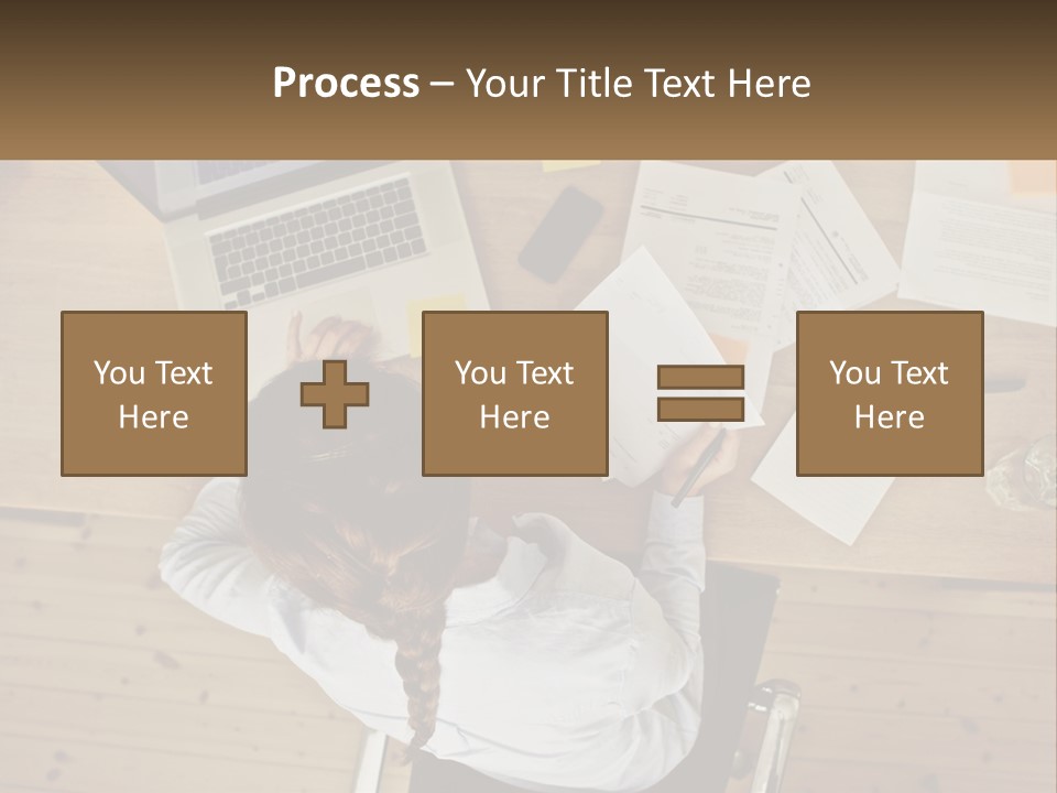 A Woman Sitting At A Desk With A Laptop And Papers PowerPoint Template